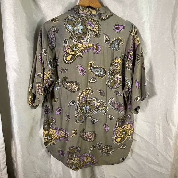 Vintage 90’s Protest Military Green Purple Paisley Print Button Down Blouse Top - Picture 4 of 4